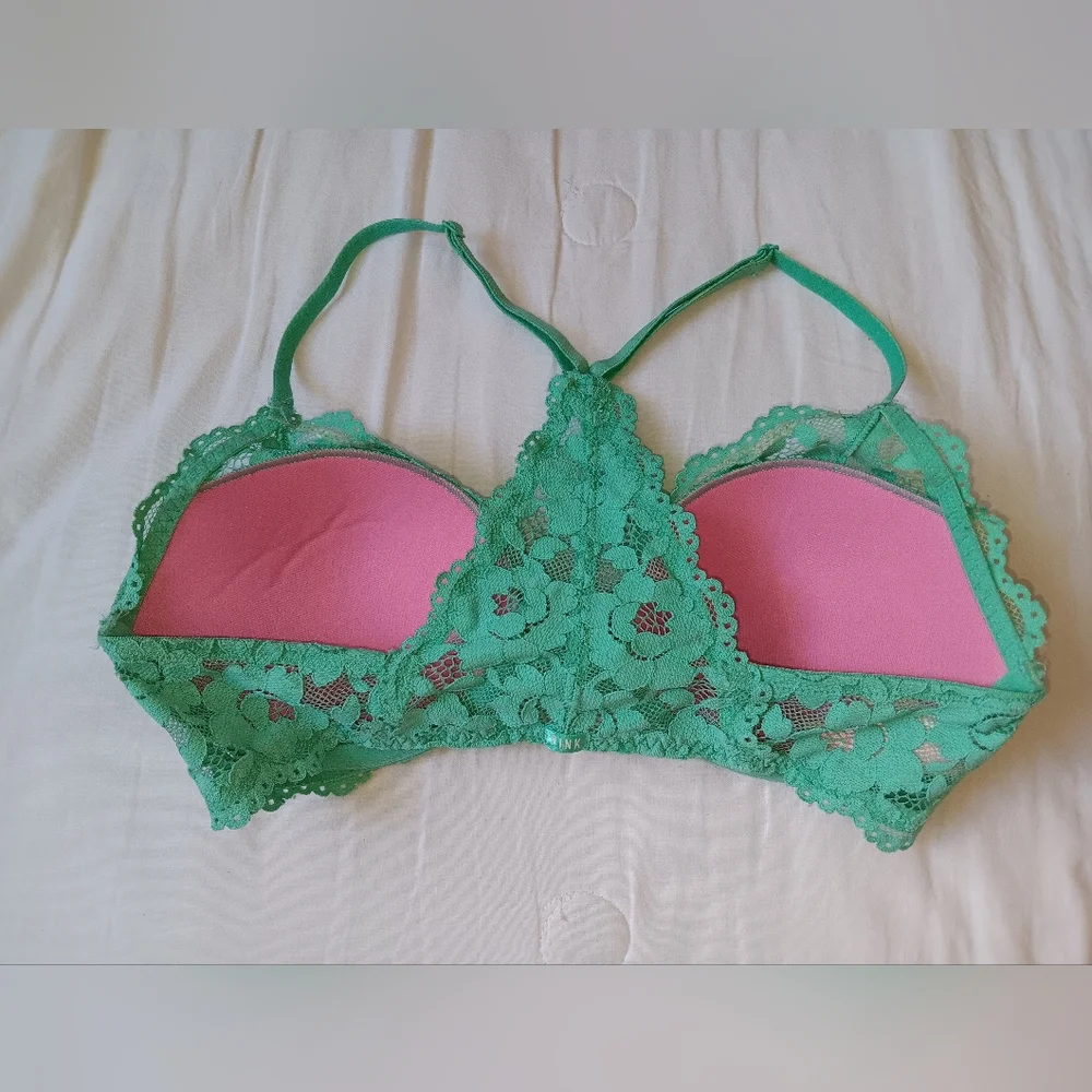 PINK Victoria's Secret Light Green Lace Date Racerback Push-up Bra. 32C - Picture 4 of 10